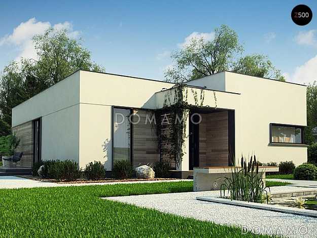 Проект современного одноэтажного дома из газобетона с плоской крышей с тремя спальнями и частично крытой террасой