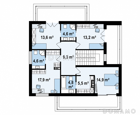 Проект современного двухэтажного дома из газобетона, с пятью комнатами, гаражом и террасами на обоих уровнях / План 2 этажа