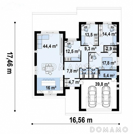 Проект одноэтажного дома с плоской крышей, просторной кухней-гостиной, гаражом, мастер-спальней / План 1 этажа