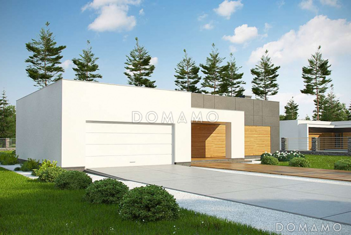 Проект современного одноэтажного дома из кирпича с плоской крышей, с большой угловой террасой и двухместным гаражом