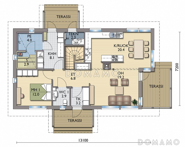 Проект каркасного дома с тремя спальнями и санузлом на втором этаже / План 1 этажа