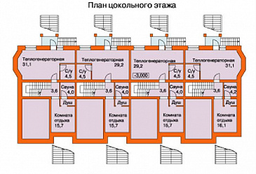 Проект таунхауса на четыре семьи / План цокольного этажа