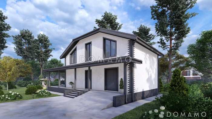 Проект мансардного дома с сауной, летним душем и большой крытой террасой