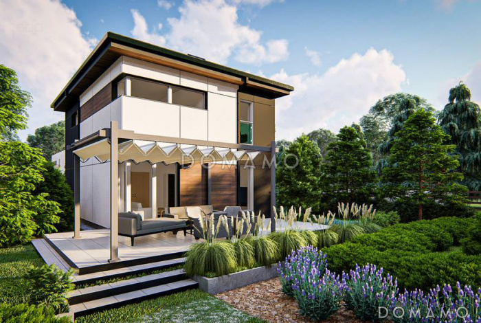 Проект эргономичного двухэтажного дома с террасой, кухней-столовой, тремя спальнями