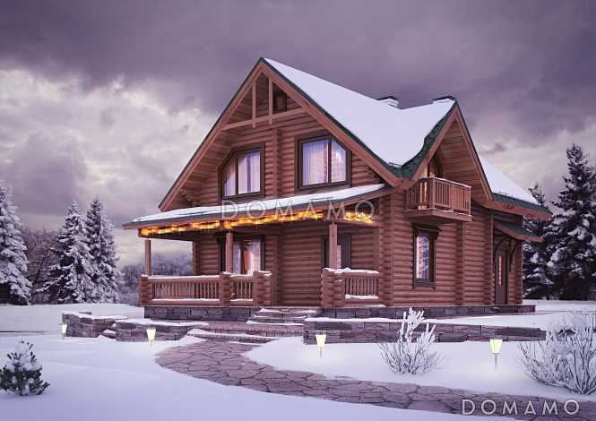Проект деревянного дома с удобствами, просторной гостиной и тремя спальными комнатами