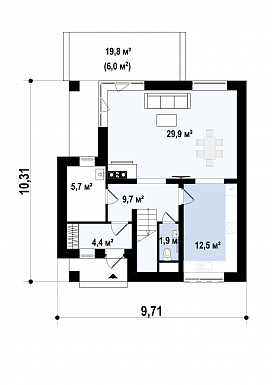 Проект небольшого одноэтажного мансардного дома из газобетона с тремя спальнями и просторной гостиной / План 1 этажа