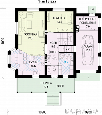 Проект двухэтажного газобетонного дома c подвалом и пристроенным гаражом / План 1 этажа
