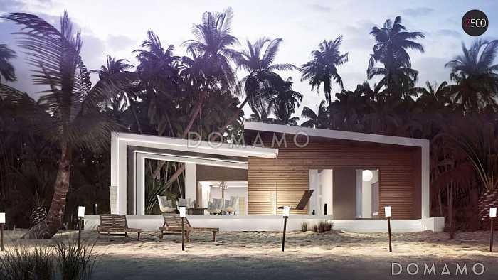 Проект компактного одноэтажного дома из газобетона с косой крышей и с двумя спальнями