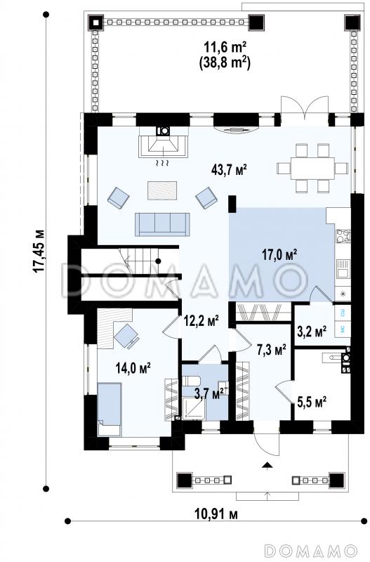 Проект двухэтажного дома с подвалом, спальней на первом этаже, просторной гостиной с выходом на террасу, кладовой в кухне / План 1 этажа