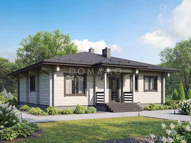 Проект деревянного дома с тремя спальнями, квадратной гостиной-столовой и крытой террасой