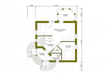 Проект квадратного кирпичного коттеджа  со входом с угла / План 1 этажа