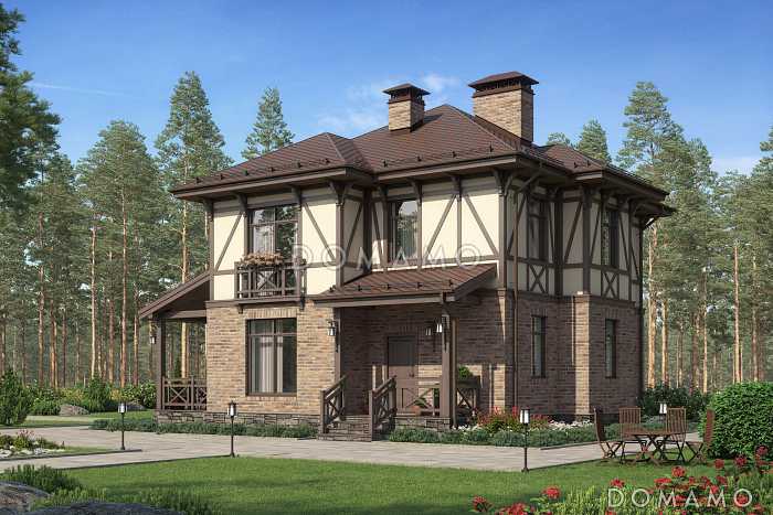 Проект дома по технологии ЛСТК с крытой террасой, кладовой под лестницей. эркерами, гостевой на первом этаже, спальнями и кабинетом на втором этаже