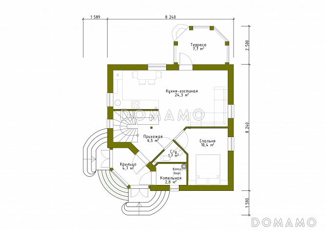 Проект квадратного кирпичного коттеджа  со входом с угла / План 1 этажа