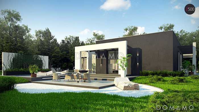 Проект просторного современного одноэтажного дома из кирпича с плоской крышей с четырьмя спальнями, террасой и крытым навесом для двух автомобилей