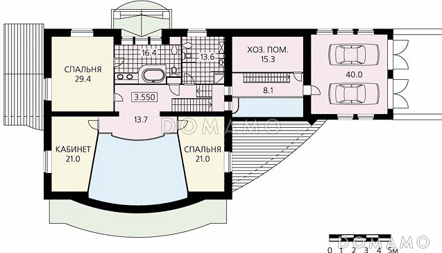 Проект двухэтажного дома с просторной гостиной, зимним садом, бассейном и кабинетом на втором этаже / План 2 этажа