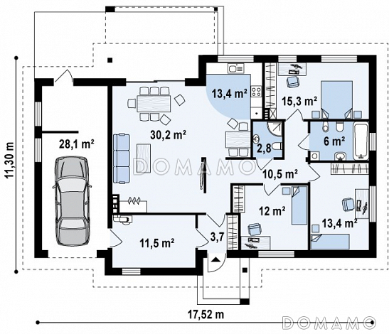 Проект одноэтажного дома из газобетона с большой гостиной, тремя спальнями и гаражом  / План 1 этажа