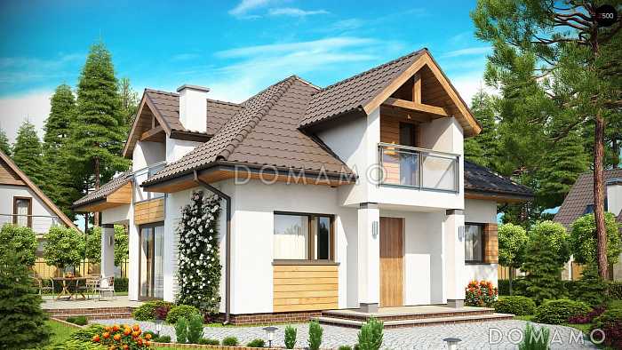 Проект небольшого одноэтажного мансардного дома из газобетона с балконами на фронтоне и частично крытой террасой  