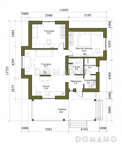 Проект одноэтажного дома из газобетона с мастер-спальней и крытой террасой / План 1 этажа