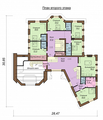 Проект большого двухэтажного дома с мансардой,с эркером, гаражом, сауной и бассейном / План 2 этажа