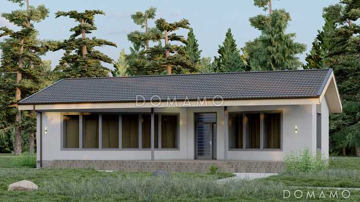 Проект одноэтажной бани с панорамным остеклением, крытой террасой, спальней