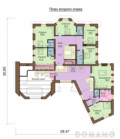 Проект большого двухэтажного дома с мансардой,с эркером, гаражом, сауной и бассейном / План 2 этажа