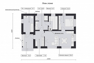 Проект небольшого дома с одной спальней и парной / План 1 этажа