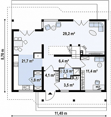 Проект одноэтажного мансардного дома из газобетона с кабинетом и тремя комнатами / План 1 этажа