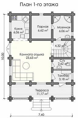 Проект дома из оцилиндрованного бревна с парной, хозяйской спальней с выходом на просторный балкон / План 1 этажа