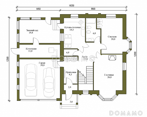 Проект просторного двухэтажного коттеджа с гаражом / План 1 этажа
