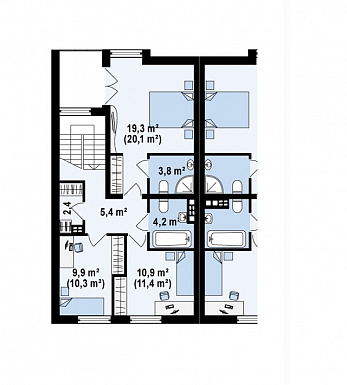 Проект компактных мансардных домов-близнецов из газобетона с изолированной кухней и тремя спальнями / План мансардного этажа