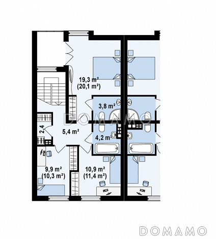 Проект компактных мансардных домов-близнецов из газобетона с изолированной кухней и тремя спальнями / План мансардного этажа