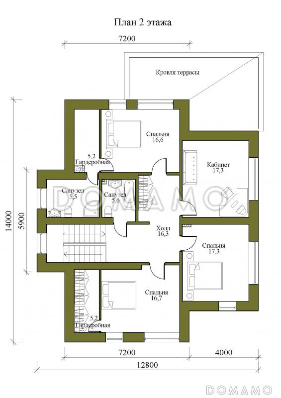 Проект двухэтажного дома с крытой террасой, тремя спальнями и гардеробными / План 2 этажа