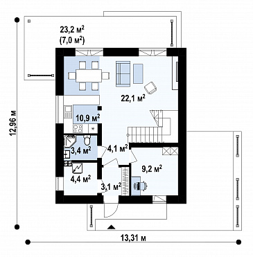 Проект дома с кабинетом, объединенной кухней и гостиной, террасой, спальнями на втором этаже / План 1 этажа