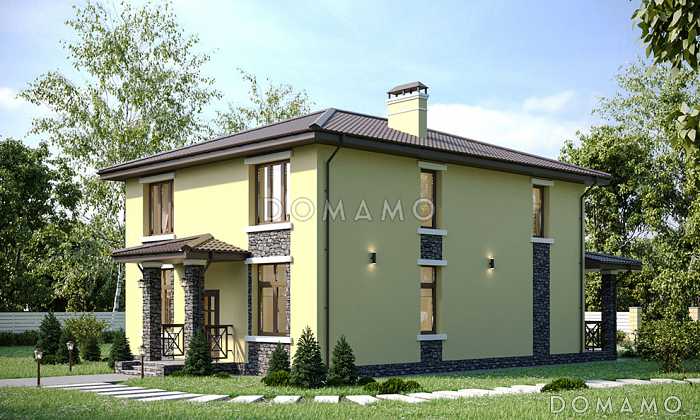 Проект двухэтажного дома с 4 спальнями, кабинетом, просторной кухней-гостиной и длинной крытой террасой