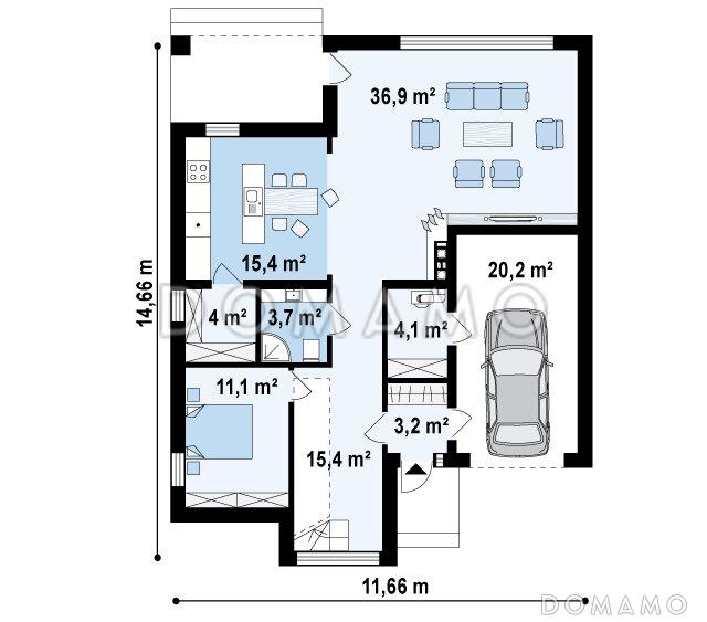 Проект современного двухэтажного дома из газобетона с дополнительной спальней на первом этаже и гаражом / План 1 этажа