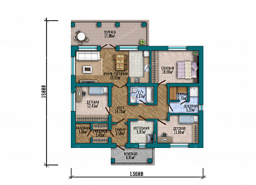 Проект одноэтажного дома с тремя спальнями, сауной и местами для хранения / План 1 этажа
