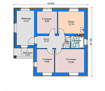 Проект дома из газобетона с верандой, санузлом с окном, отделкой фасадов кирпичом / План 1 этажа