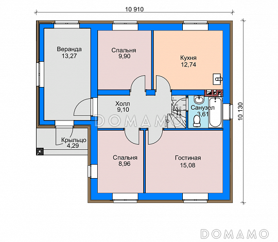 Проект дома из газобетона с верандой, санузлом с окном, отделкой фасадов кирпичом / План 1 этажа