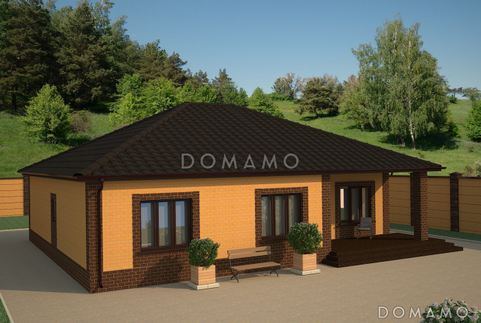 Проект дома с окном в гардеробной, просторной гостиной, террасой, тремя спальнями