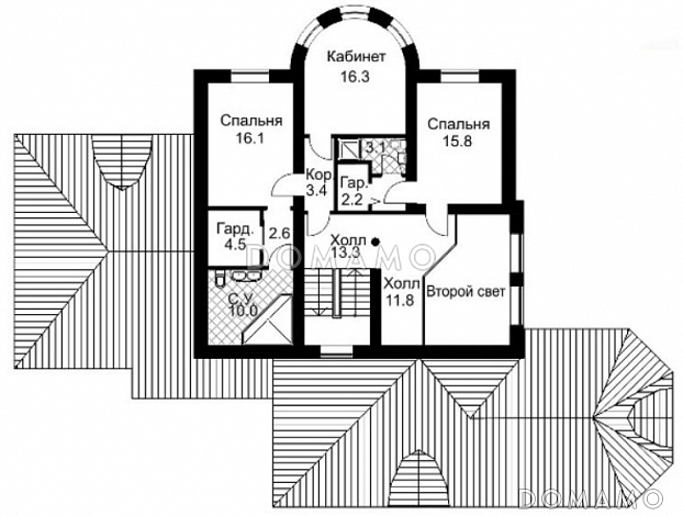 Проект двухэтажного дома из кирпича с полукруглым эркером / План 2 этажа