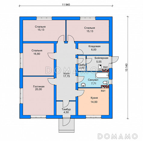 Проект одноэтажного дома с изолированной кухней, кладовой, санузлом с окном / План 1 этажа