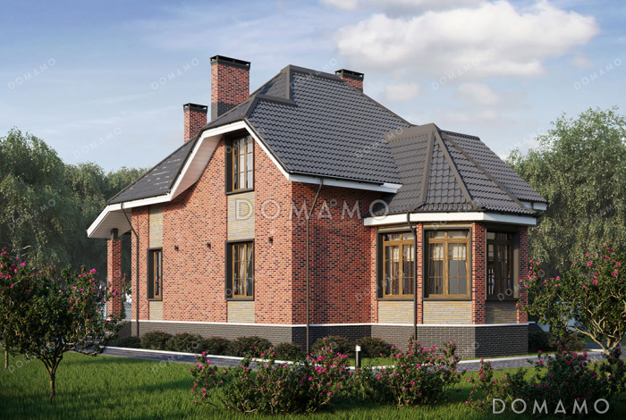 Проект дома с 4 спальнями, просторной ванной и полукруглой верандой