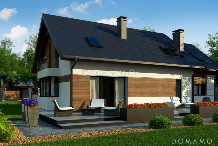 Проект одноэтажного мансардного дома из кирпича с кабинетом, балконом и гаражом