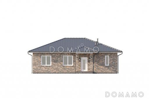 Проект одноэтажного прямоугольного дома с отделкой фасада кирпичом, одной внутренней несущей стеной, тремя спальнями и большой кухней-гостиной с выходом на крытую террасу / Фасад 4