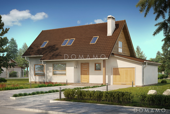 Проект традиционного мансардного дома из кирпича с дополнительной спальней на первом этаже и гаражом