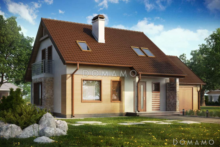 Проект одноэтажного дома из кирпича с жилым мансардным этажом и гаражом