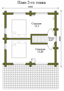 Проект двухэтажного дома из бревна с двумя спальнями, камином и верандой / План 2 этажа