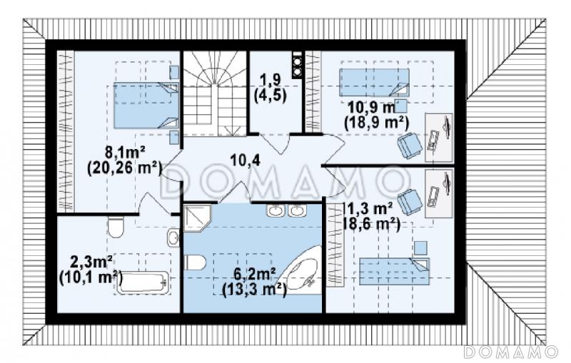 Проект большого одноэтажного дома с мансардным этажом из кирпича с пятью спальнями, с современными фасадами / План мансардного этажа