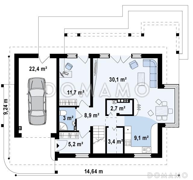 Проект одноэтажного мансардного дома из кирпича со стеклянным эркером в кухонной зоне, двумя балконами и гаражом / План 1 этажа