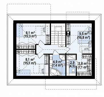 Проект загородного дома с гаражом на одну машину, кладовой на кухне, мастер-спальней в мансарде / План мансардного этажа